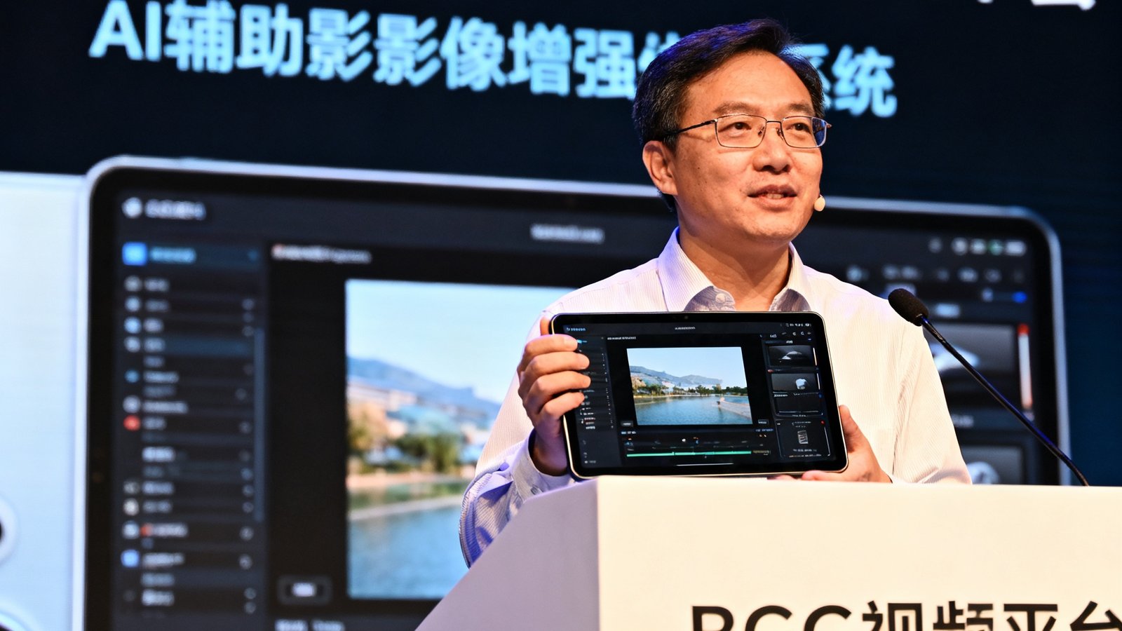 BG视讯平台V4.2版本发布会现场，张明远博士站在演讲台上展示新系统的AI辅助影像增强功能