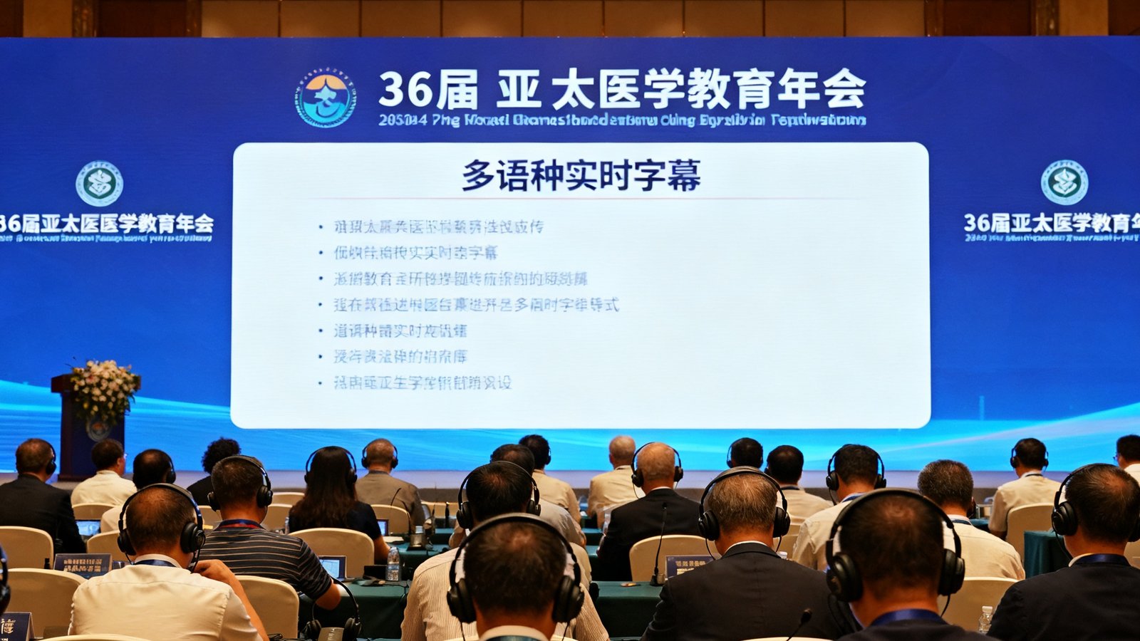 第36届亚太医学教育年会主会场全景照片，大屏幕上显示多语种实时字幕，参会者佩戴同传耳机专注聆听