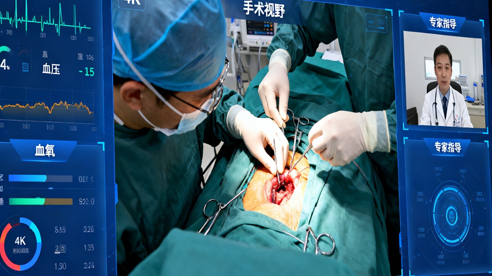 BG视讯平台远程手术视讯指导系统操作界面，左侧为患者生命体征数据面板，中央为4K手术视野画面，右侧为远端专家实时视频窗口