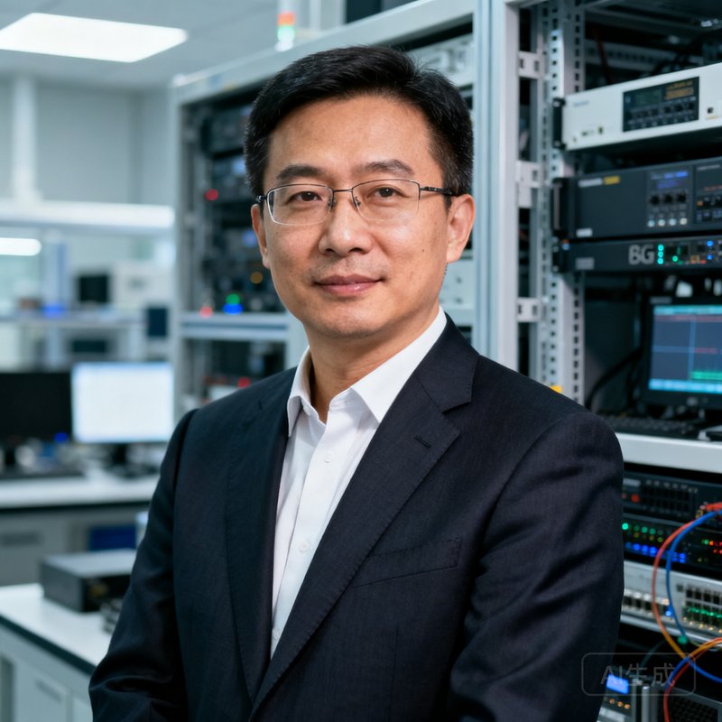 BG视讯科技创始人兼CEO张明远博士的半身照，他身穿深色西装，背景为公司实验室的视讯设备机架